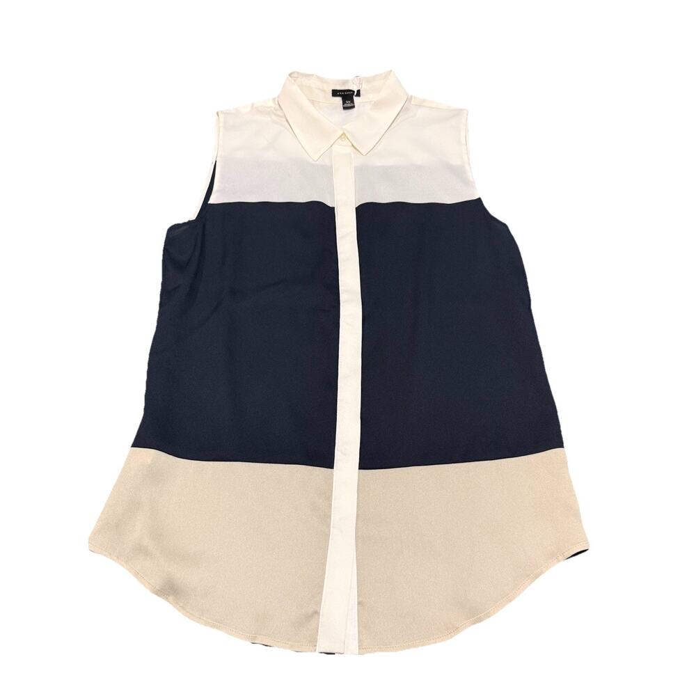 Ann Taylor Sleeveless Button Front Blouse Color Block White Cream Navy XS